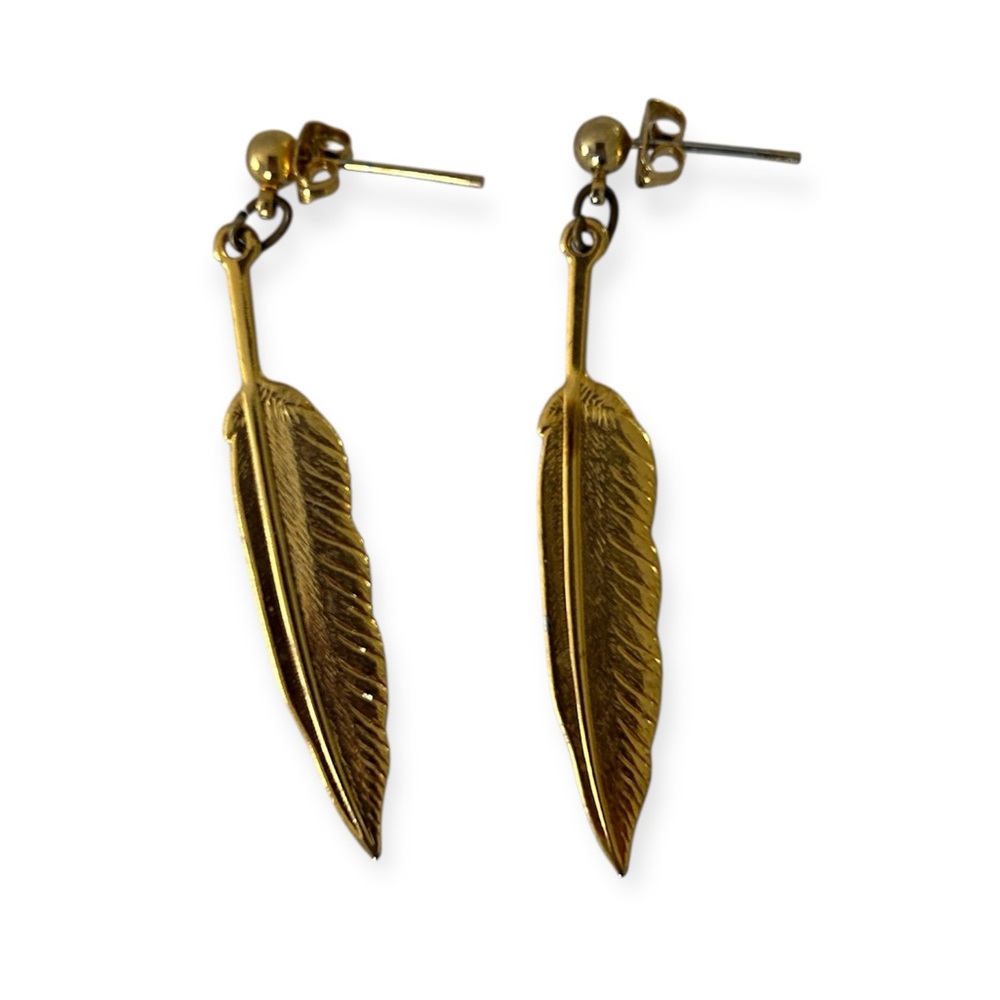Vintage 80’s Gold Tone Feather Drop Earrings - Picture 12 of 14